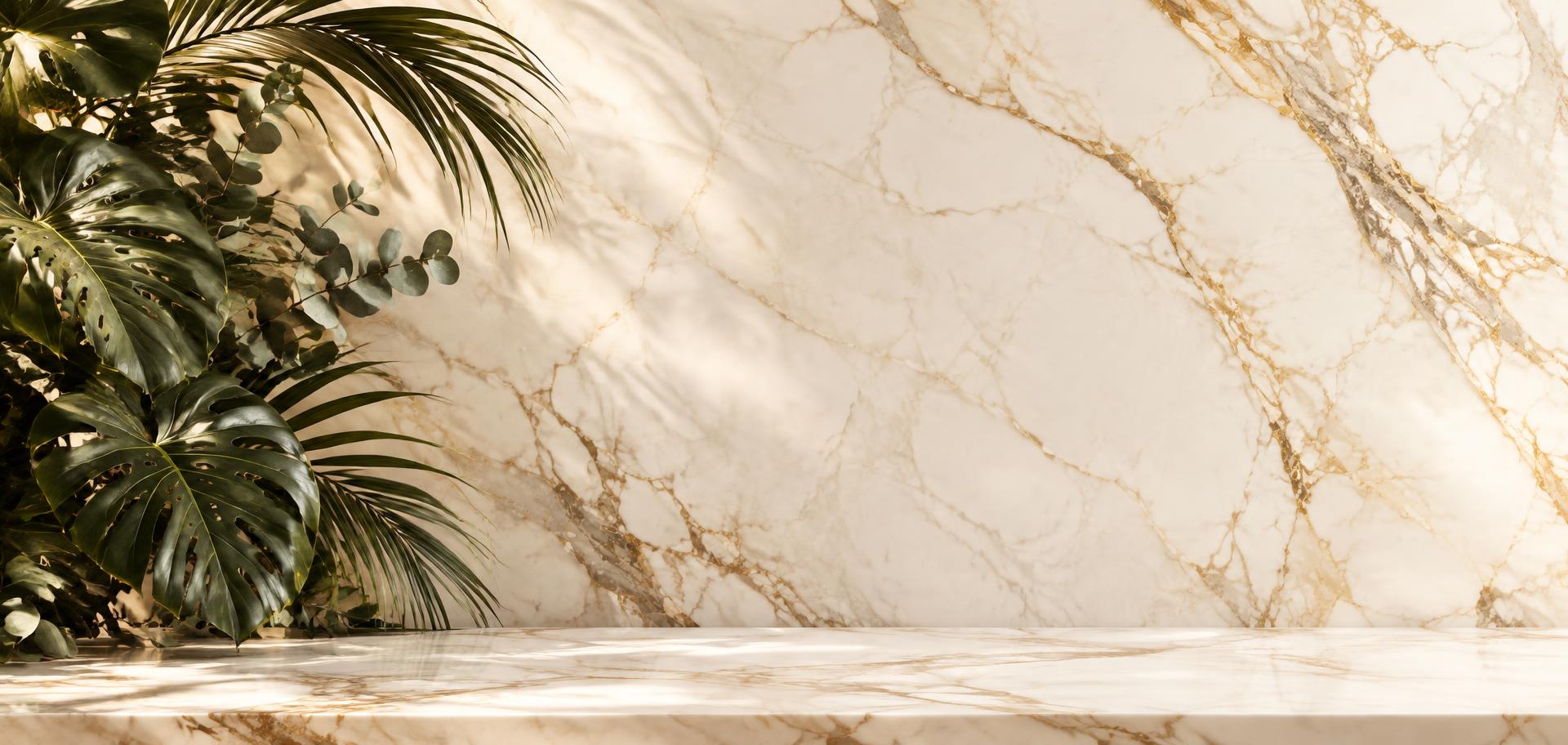 Marble surface with folded towels and a green plant